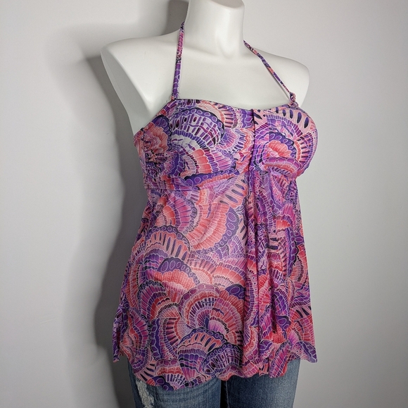 Croft & Barrow Pink Purple Butterfly Wing Sheer Split Front Tankini Bikini 14 - Picture 4 of 9